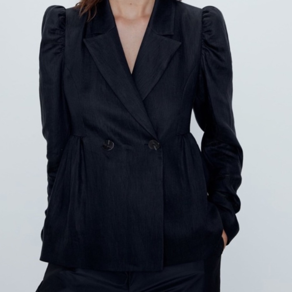 $119 ZARA Navy Blazer Puff Sleeve Jacket NWT S